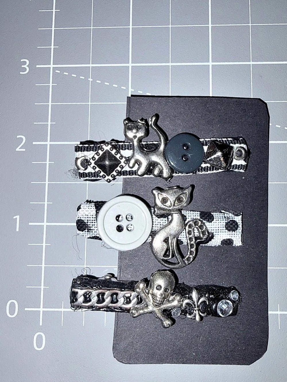 Cats and Skulls Silver Charm Hairclips Set